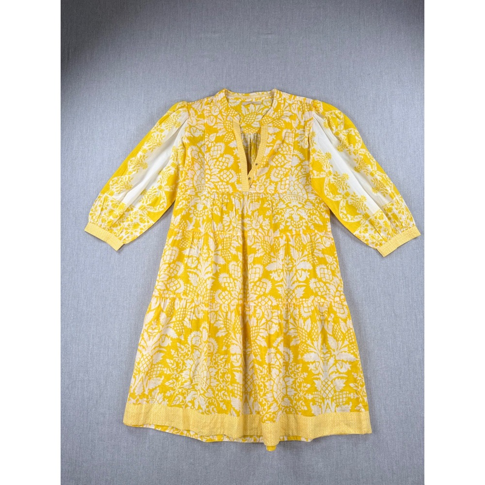 Lola Australia Yellow Floral Damask Tiered Cotton Midi Dress Puff Sleeve Split V